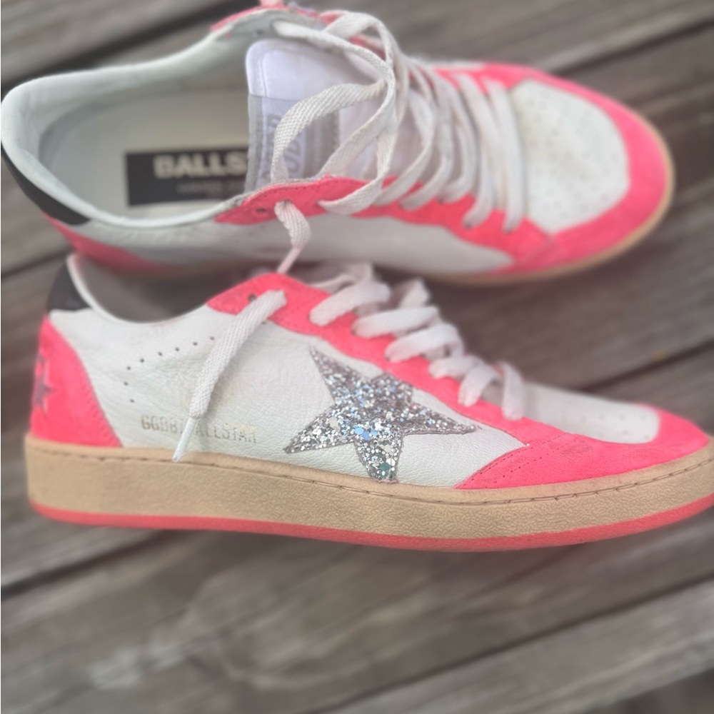 Golden Goose Neon Pink and White Sneakers with Silver Star